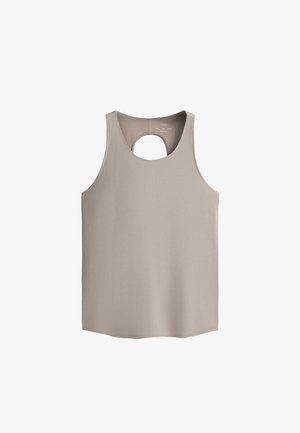 Hihaton beige toppi, jossa pyöreä pääntie ja pieni avonainen leikkaus selässä, valmistettu sileästä kankaasta.