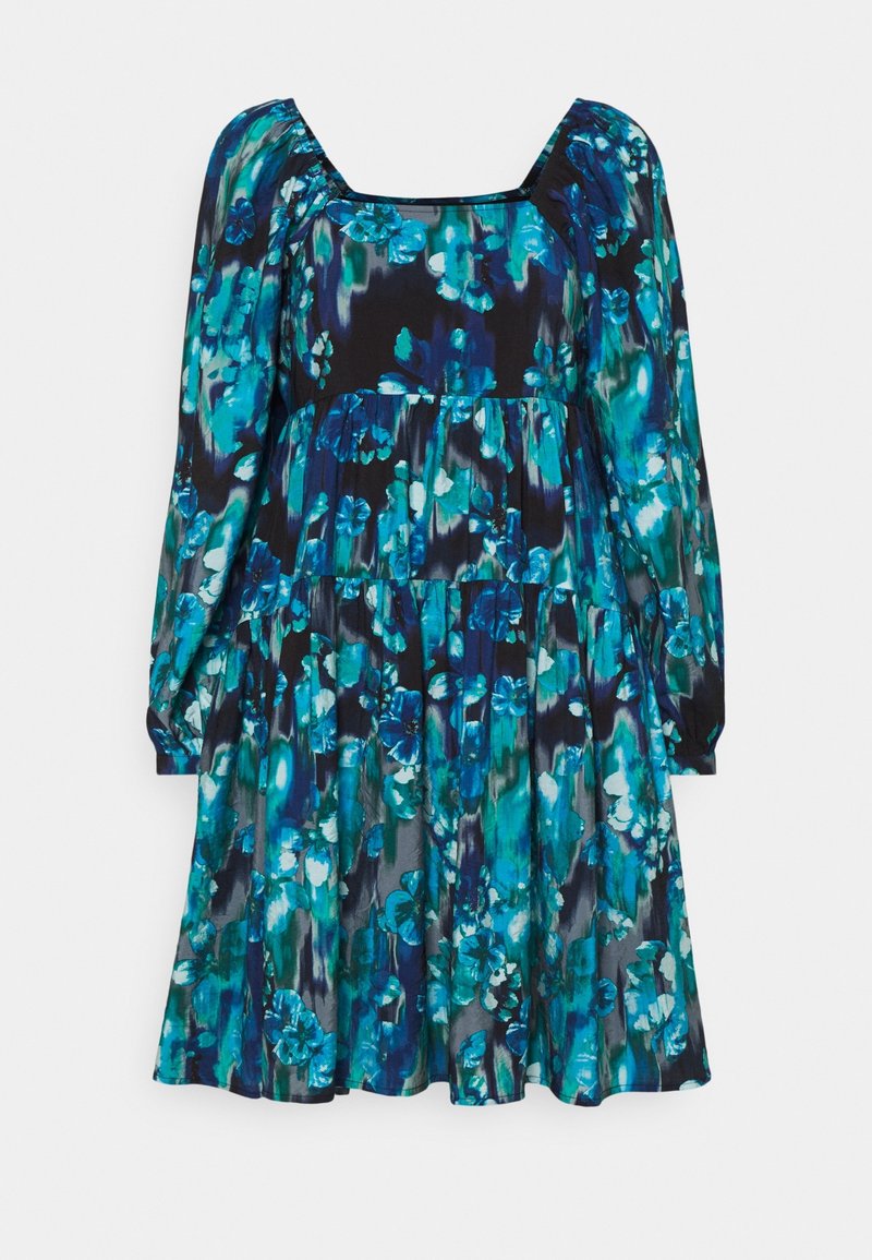 Robe à manches longues avec motif floral bleu et vert, encolure carrée, jupe à volants et poignets élastiques aux manches.