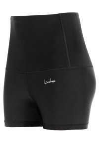 High-waisted black shorts made of stretchy fabric, featuring a smooth texture and a small white logo on the front left side.