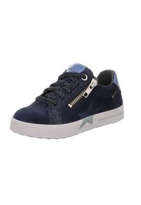 Navy Wildledersneaker mit Glitzerdetails, weißer Gummisohle, metallischem Reißverschluss und Sternegrafik an der Seite. Schnürverschluss für einfaches Anziehen.