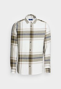 Långärmad skjorta med knappning och stort rutig mönster i beige, vitt, olivgrönt och blå toner, krage och manschett detaljer synliga.