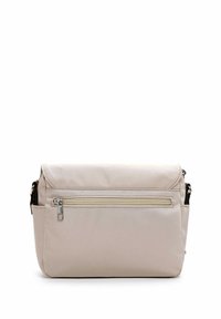 Borsa a tracolla beige realizzata in tessuto resistente, con tasca frontale con zip, tracolla regolabile e design minimalista.