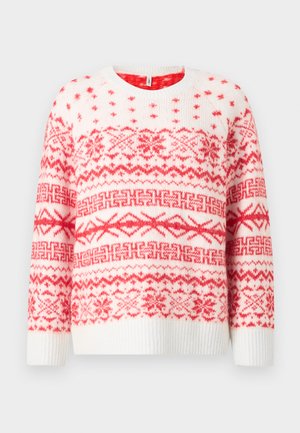 Weißer Strickpullover mit roten geometrischen und Schneeflockenmuster, mit Rundhalsausschnitt und gerippten Bündchen und Saum.