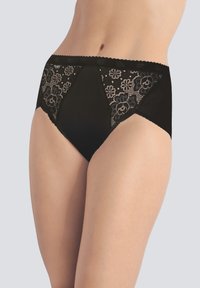 Mutandine a vita alta nere con dettagli in pizzo floreale sui lati e tessuto liscio, caratterizzate da un bordo ondulato in vita e aperture delle gambe.