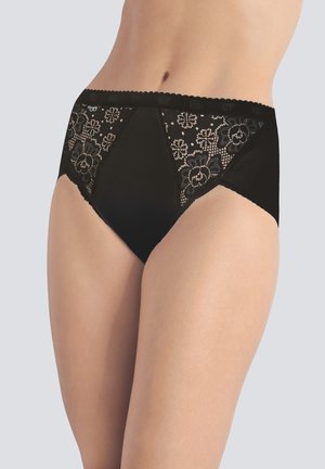 Mutandine a vita alta nere con dettagli in pizzo floreale sui lati e tessuto liscio, caratterizzate da un bordo ondulato in vita e aperture delle gambe.