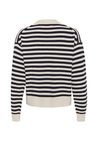 Pull rayé bleu marine et crème avec un col rond, des manches longues et des bords côtelés. Texture tricotée, coupe courte et sans fermeture visible.