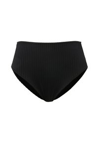 Zwart bikinitop met hoge taille, ribbeltextuur, elastische tailleband en een soepele binnenvoering. Ontworpen voor comfort en bedekking.