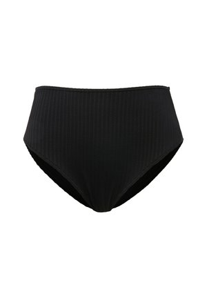 Bañador de bikini negro de tiro alto con textura acanalada, cinturilla elástica y forro interior suave. Diseñado para comodidad y cobertura.