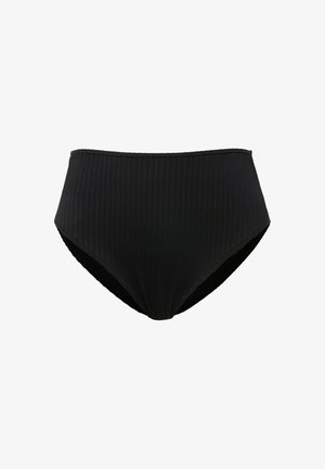 Bas de bikini noir taille haute avec texture côtelée, ceinture élastique et doublure intérieure lisse. Conçu pour le confort et la couverture.