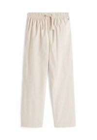 Licht beige en blauwe verticaal gestreepte broek met elastische tailleband en voorste koord, vlak tegen een witte achtergrond.