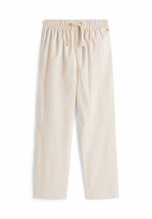 Pantalones a rayas verticales en beige claro y azul con cinturilla elástica y cordón frontal, planos sobre un fondo blanco.