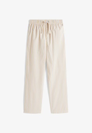 Licht beige en blauwe verticaal gestreepte broek met elastische tailleband en voorste koord, vlak tegen een witte achtergrond.