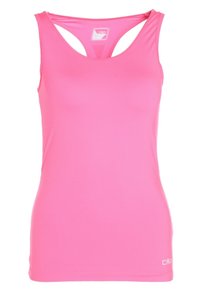 Rosa Sporttanktop aus glattem, dehnbarem Material. Verfügt über ein Racerback-Design mit dezenten Trägern und einem bedruckten Logo auf der unteren rechten Seite.