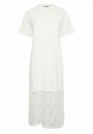 Hvid midi-kjole med korte ærmer, med en ensfarvet øverste del og en gennemsigtig nederdel i blomstret blonder.