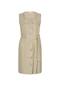 Abito beige senza maniche con due tasche sul petto, bottoni anteriori e vita cintrata. Realizzato in tessuto testurizzato con dettagli in bottoni argentati.