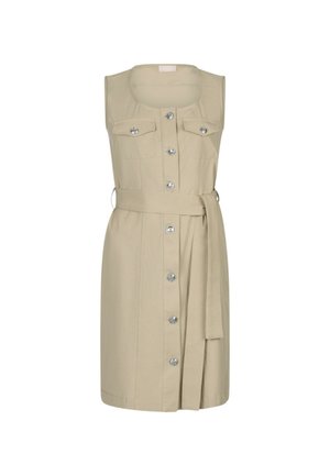Abito beige senza maniche con due tasche sul petto, bottoni anteriori e vita cintrata. Realizzato in tessuto testurizzato con dettagli in bottoni argentati.