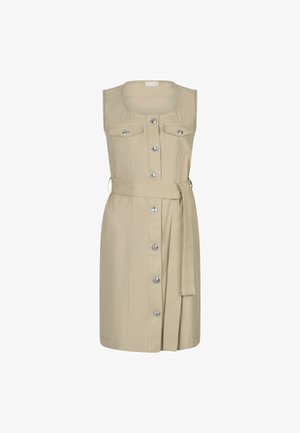 Abito beige senza maniche con due tasche sul petto, bottoni anteriori e vita cintrata. Realizzato in tessuto testurizzato con dettagli in bottoni argentati.