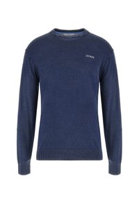 Herren Pullover in Marineblau mit langen Ärmeln, Rundhalsausschnitt und kleinem weißen "GUESS"-Logo auf der linken Brust.