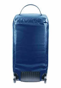 Borsa a rotelle blu navy con una texture liscia e lucida, forma rettangolare, maniglia superiore e ruote nere resistenti alla base.