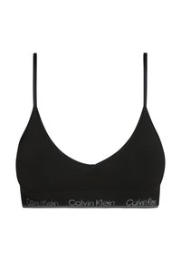 Czarny biustonosz braletka z miękkiego, elastycznego materiału. Posiada cienkie ramiączka i pasek z białym logo "Calvin Klein". Prosty, minimalistyczny design.