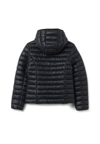 Giacca a vento nera con cuciture orizzontali, cappuccio aderente e design cropped. Tessuto liscio e lucido con una finitura elegante.