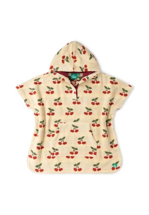Cream hooded short-sleeve poncho with front pocket, cherry print pattern, and red lining inside the hood.