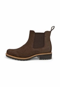 Braune Wildlederknöchelstiefel mit elastischen Seiteneinsätzen, runder Spitze und Gummisohle. Verfügt über einen kleinen Absatz und eine Schlaufe hinten.