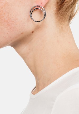 Orecchini in metallo argento con un design a doppio cerchio, caratterizzati da due anelli intrecciati, texture liscia e finitura lucida.