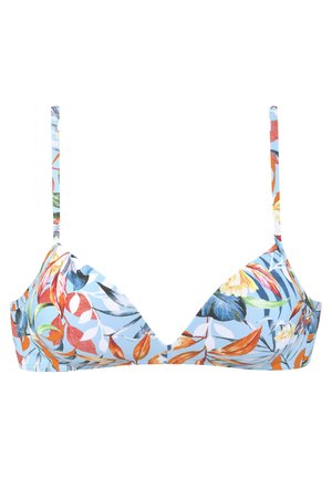 Lyseblå bh med tynde justerbare stropper med et farverigt tropisk blomsterprint i orange, grønne, gule og blå toner.