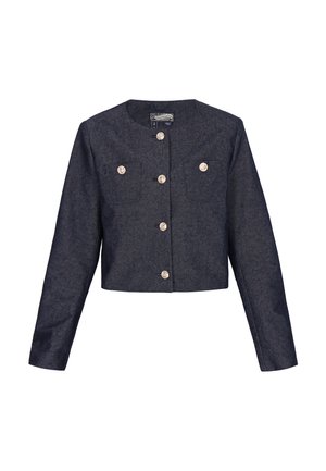 Krótka kurtka w ciemnoszarym kolorze z długimi rękawami, zaokrąglonym dekoltem, złotymi guzikami z przodu oraz na dwóch kieszeniach na piersi.