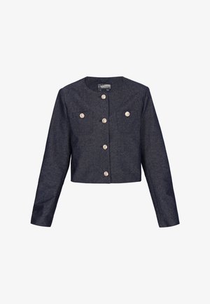 Krótka kurtka w ciemnoszarym kolorze z długimi rękawami, zaokrąglonym dekoltem, złotymi guzikami z przodu oraz na dwóch kieszeniach na piersi.