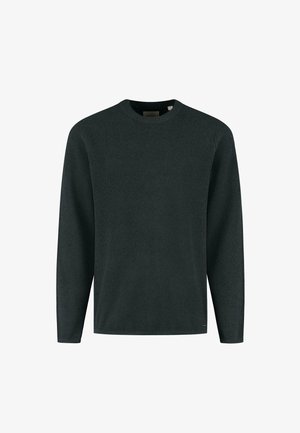 Tumma vihreä neulepusero, jossa on pyöreä kaula-aukko, pitkät hihat ja teksturoitu kuvio. Alareunassa on pieni logo.