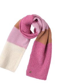 Écharpe en tricot avec un design en blocs de couleurs rose, crème et brun. Texture douce avec une touche métallique à une extrémité. Roulée pour exposition.