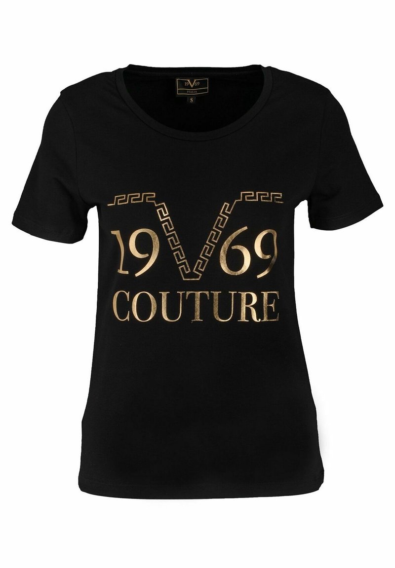 Black cotton t-shirt featuring a gold graphic design with the text "1969 COUTURE" and a decorative pattern above the lettering.