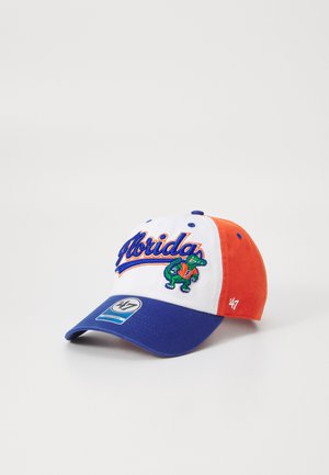 Cască de baseball albastră și portocalie cu broderie "Florida" și un mascot alligator verde pe un panou frontal alb. Curea de ajustare la spate.