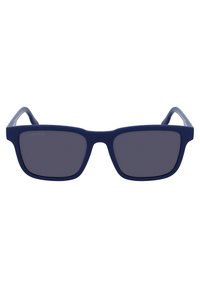 Occhiali da sole blu navy con finitura opaca, lenti rettangolari e lenti grigio scuro solide; presentano un design architettonico dritto e astine sottili.