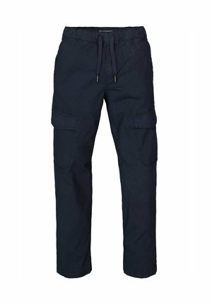 Pantalon cargo bleu marine avec taille à cordon et poches à rabat sur chaque cuisse, présenté de face sur un fond blanc.