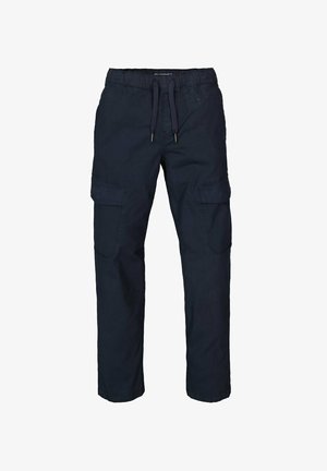 Navy blue cargo pants with drawstring waist and flap pockets on each thigh, displayed front-facing on a white background.