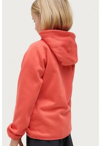 Koraalkleurige hoodie van zacht materiaal, met een ruime capuchon, lange mouwen en zichtbare naden, weergegeven vanuit een achteraanzicht.