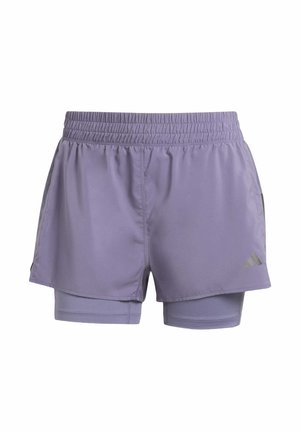 Fioletowe spodenki sportowe z elastycznym pasem, z wewnętrzną warstwą i odblaskowym logo z boku.