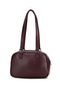 Burgundowa skórzana torebka na ramię z podwójnymi uchwytami, prostokątny kształt, gładka faktura i subtelne metaliczne akcenty na zamkach błyskawicznych.