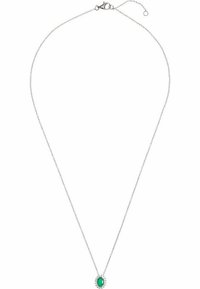 Silberne Kettenhalskette mit einem ovalen grünen Edelsteinanhänger, umgeben von kleinen klaren Akzenten. Verstellbarer Verschluss für die Länge.