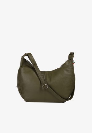 Olive green leather shoulder bag with adjustable strap and small Italian flag zipper pull on white background.
