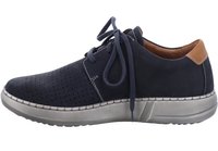 Námořnické modré perforovan�é kožené boty s kulatou špičkou, šněrováním a hnědým akcentem na patě. Gumová podešev s prošívanými detaily.