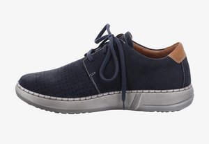 Navyblaue perforierte Lederschuhe mit runder Spitze, Schnürsenkeln und einem braunen Akzent an der Ferse. Gummisohle mit genähten Details.