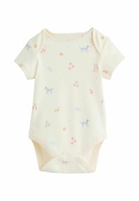 Body bébé à manches courtes en coton jaune doux avec des motifs ludiques d'animaux, de fleurs et de fruits. Fermeture pressionnée au bas.