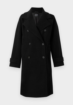 Cappotto nero in lana doppiopetto con ampi rever, sei bottoni, maniche lunghe e tasche laterali, appeso su uno sfondo bianco.