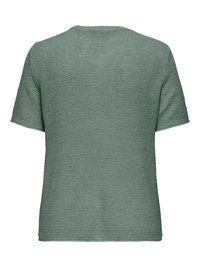 Bakside av en kortermet, strikket, lysegrønn genser med rund hals og teksturert stoff.