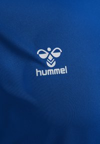 Blå sporttop i slät tyg med en vit logotyp som har en stiliserad biredovisning och varumärket "hummel" under.