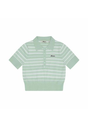 Polo de manga corta con rayas horizontales en verde claro y blanco, cierre con botones y logo "ellesse" en el pecho.